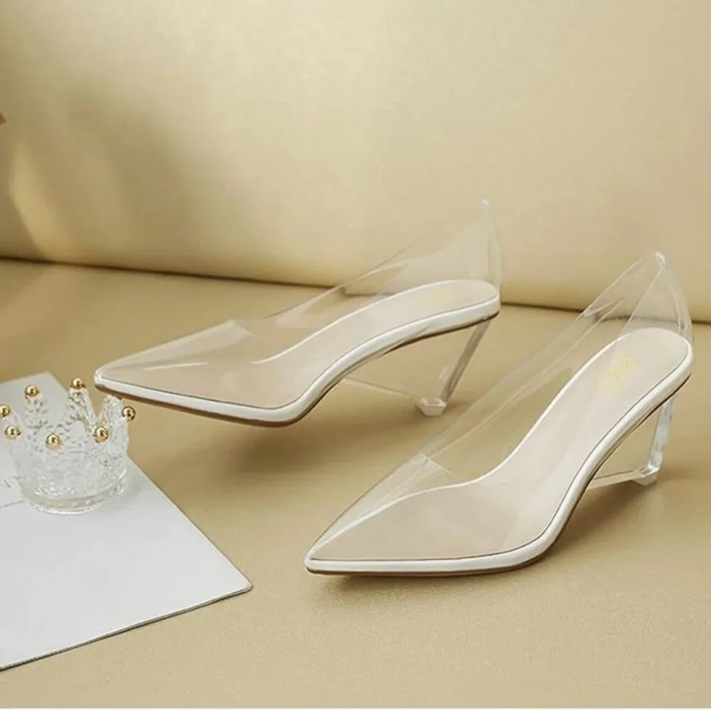 NWOB Clear Wedge Heel Pumps with Rhinestones Pointed Toe Transparent Wedge Heel